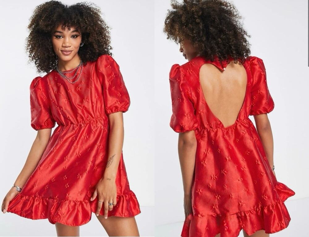 Sister Jane Poppy Jacquard Mini Dress Small Red Heart Cut-Out Puff-Sleeve Party